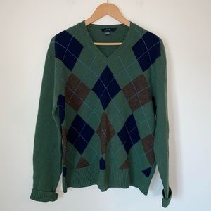 J. Crew Sweater Womens Large Green Blue Lambswool Argyle V-Neck Size Large